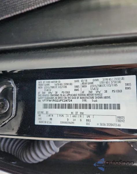 2018 Ford F150 Raptor из США, поврежденный, VIN 1FTFW1RG2JFC24724